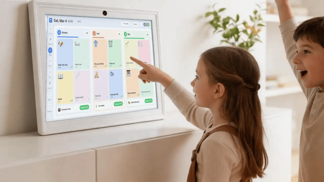 Two kids tap their chores on the touchscreen