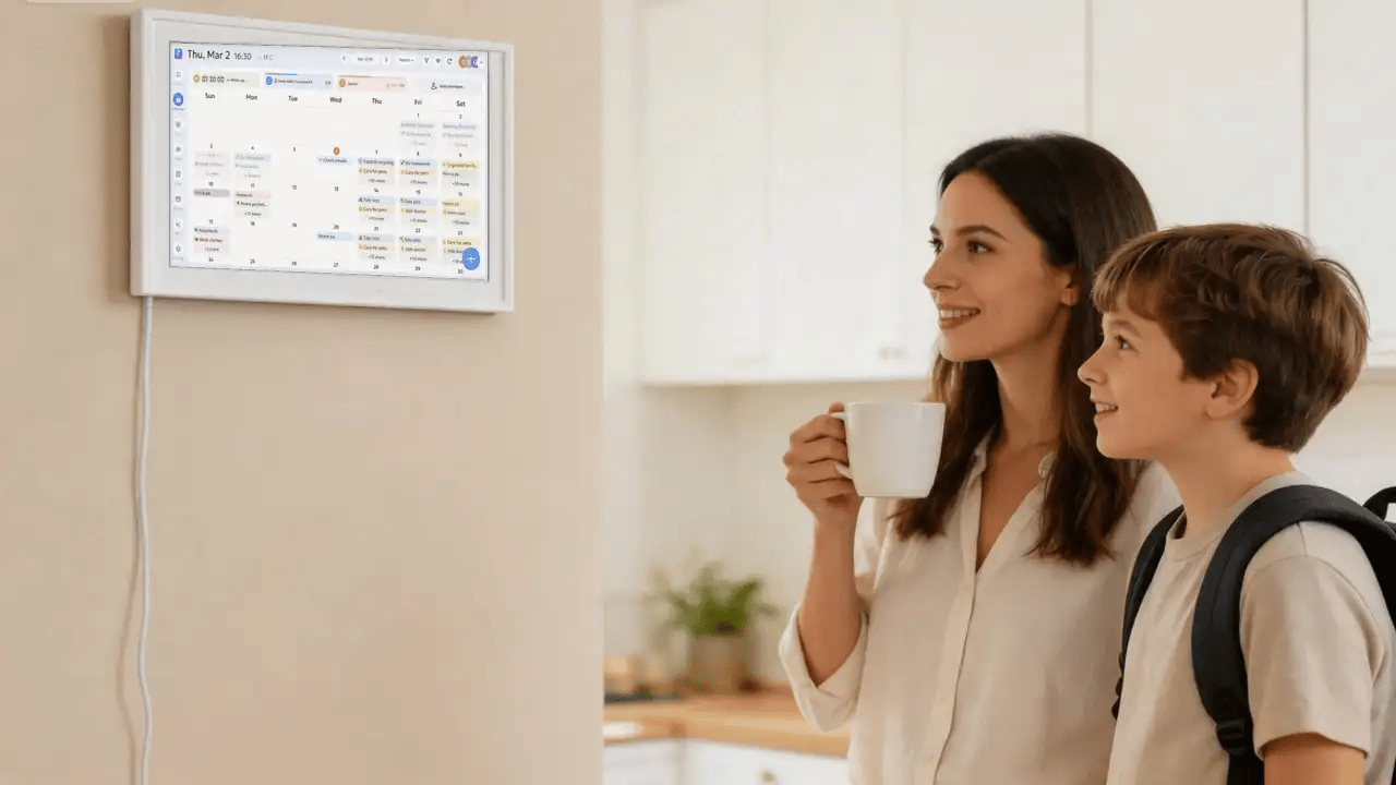 A mother and her son check the family calendar on the kitchen wall before school