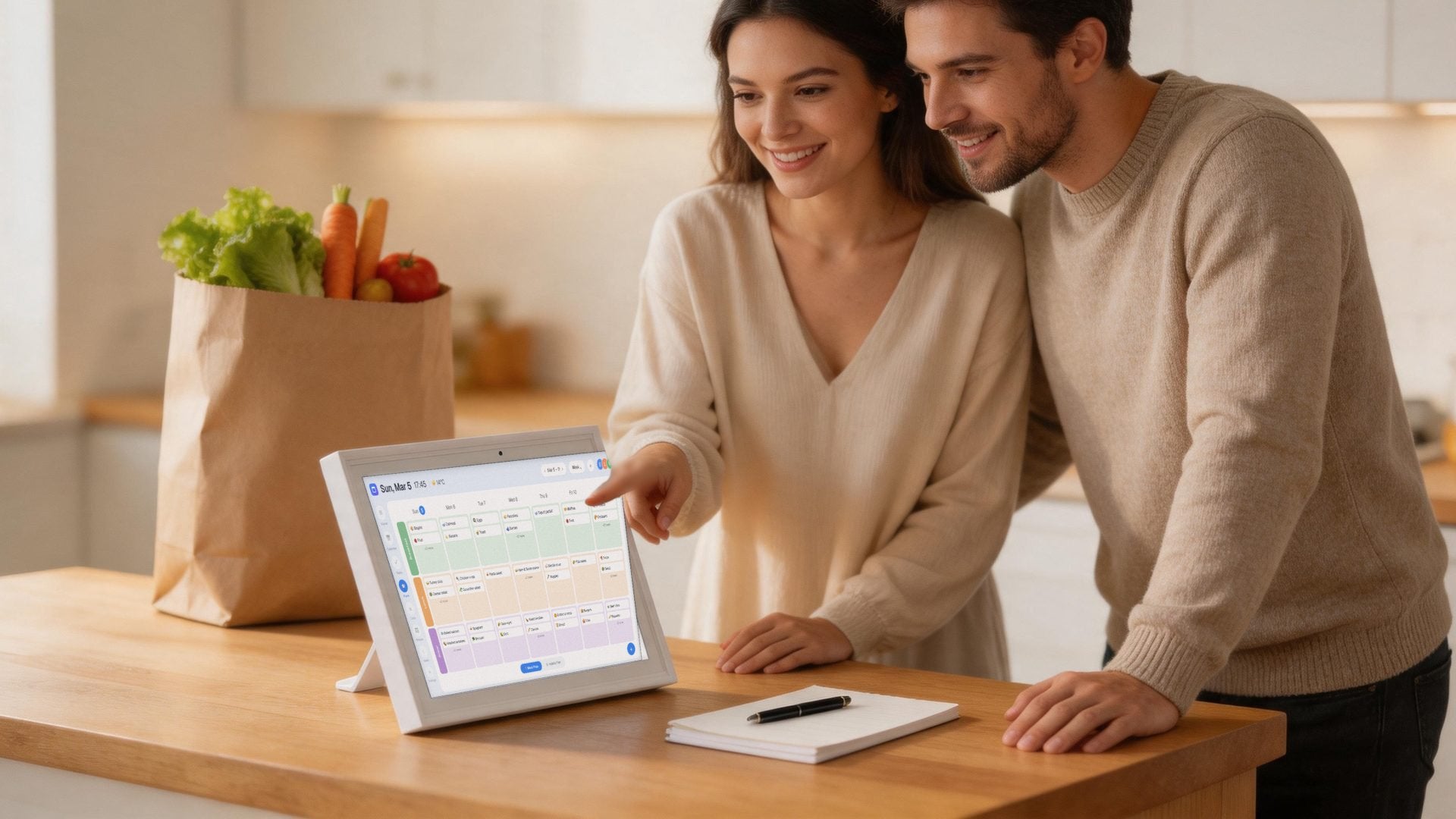 A couple plans the week's meals on the calendar at the kitchen island