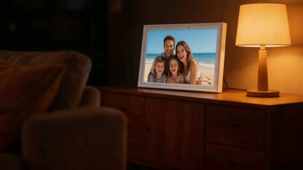 The calendar shows a family beach photo in a lamp-lit living room at night