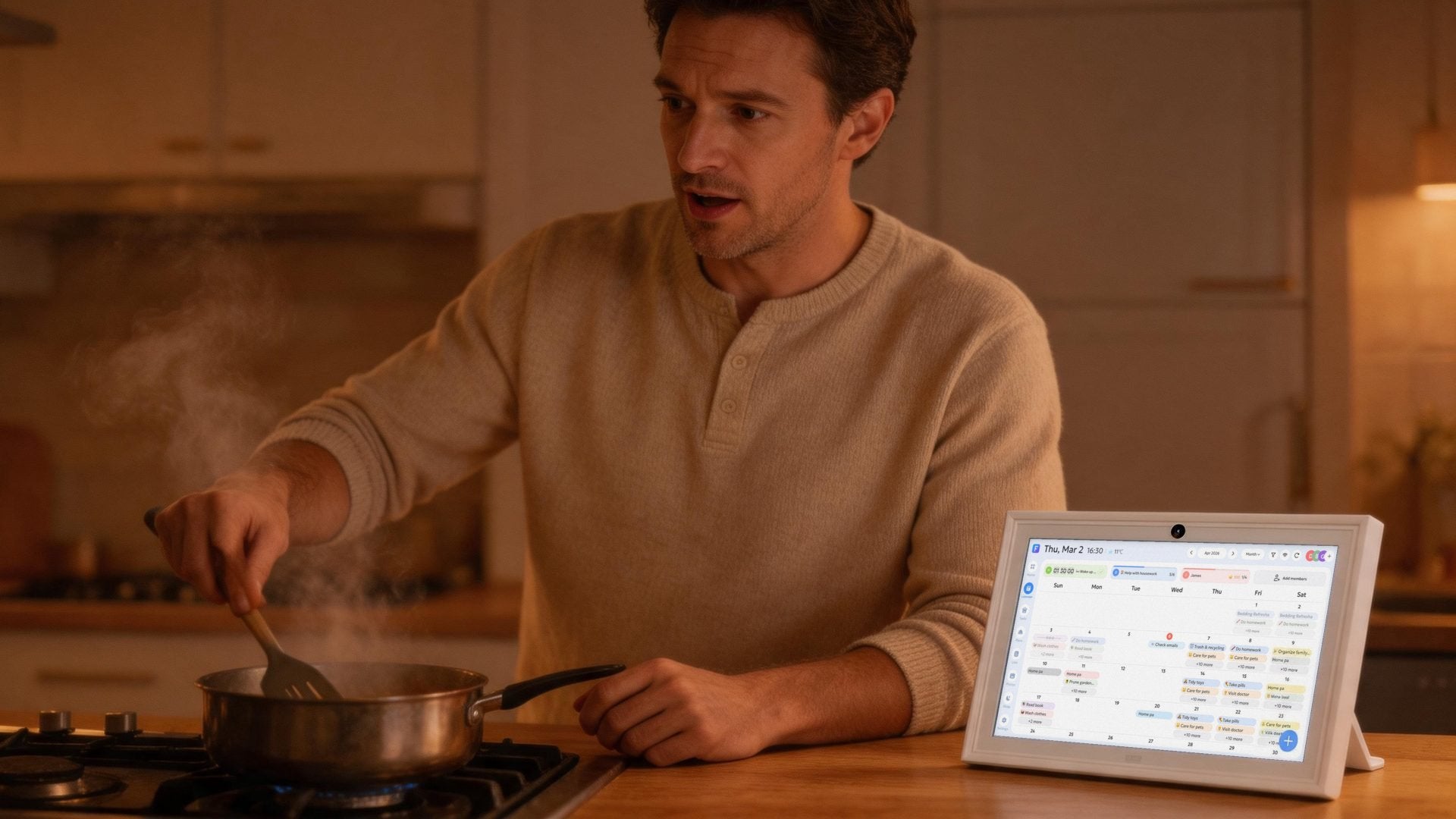 A father asks the calendar a question while he cooks
