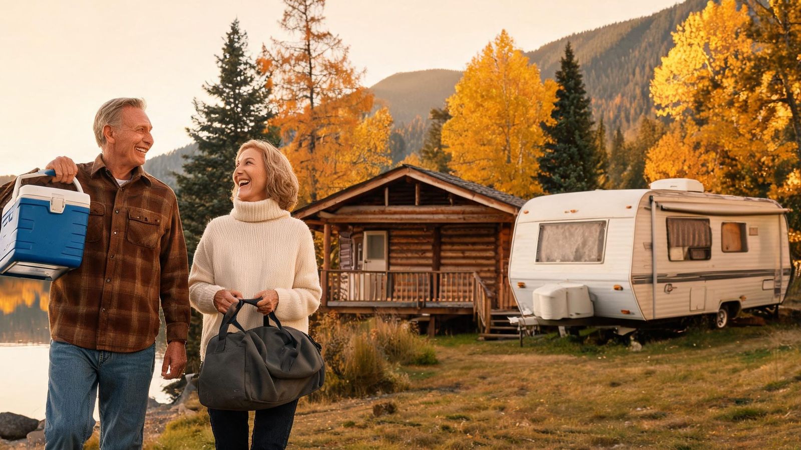 A cabin and a travel trailer by a meadow