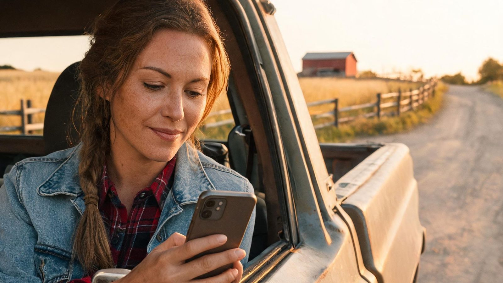 A rancher checks her phone in her pickup truck