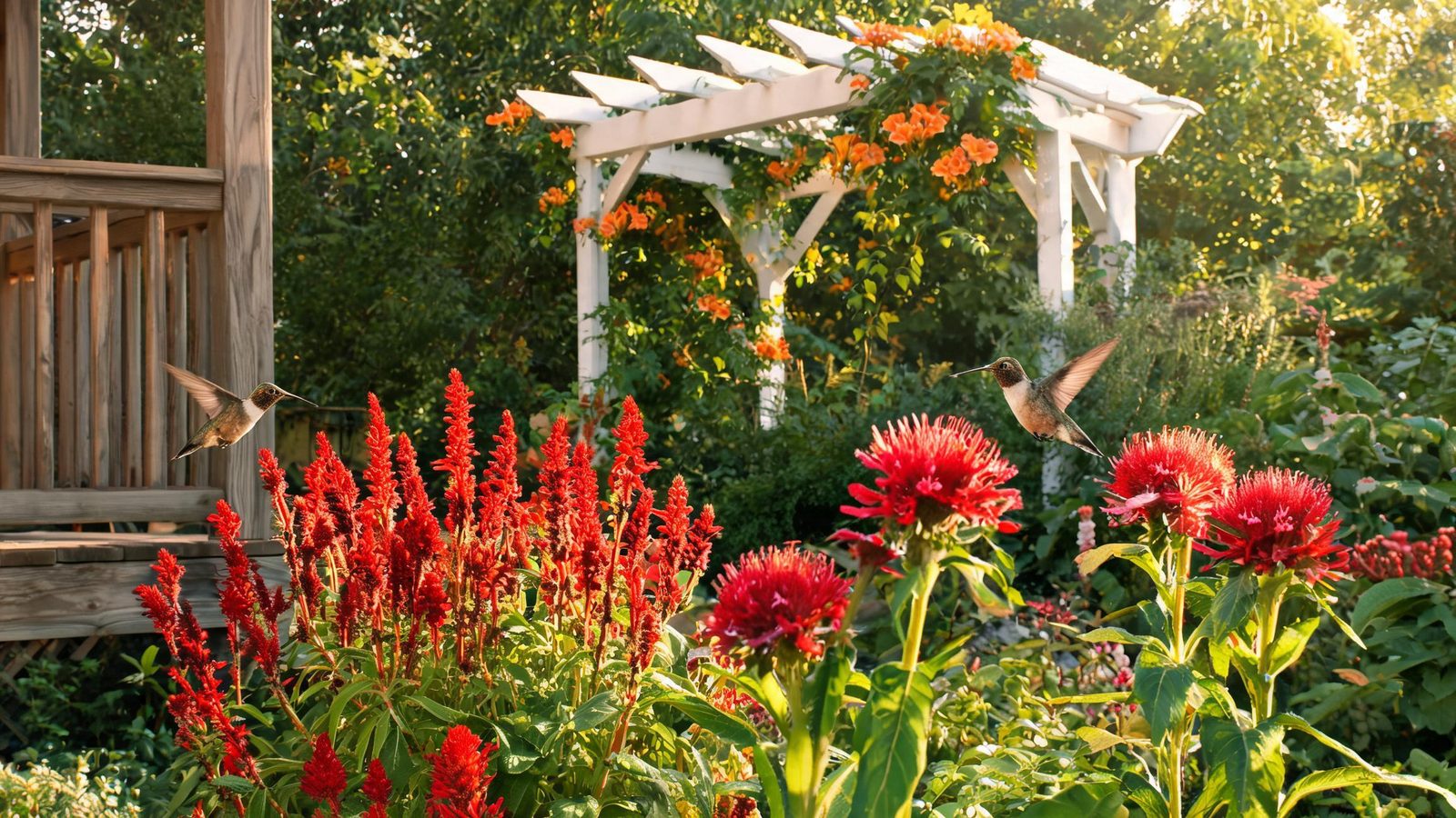 A cottage garden with red flowers and hummingbirds