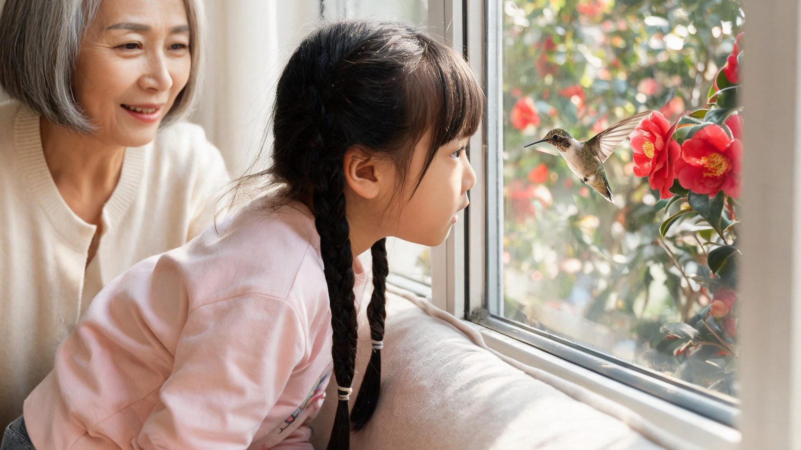 A girl and her grandmother watch a hummingbird through the window