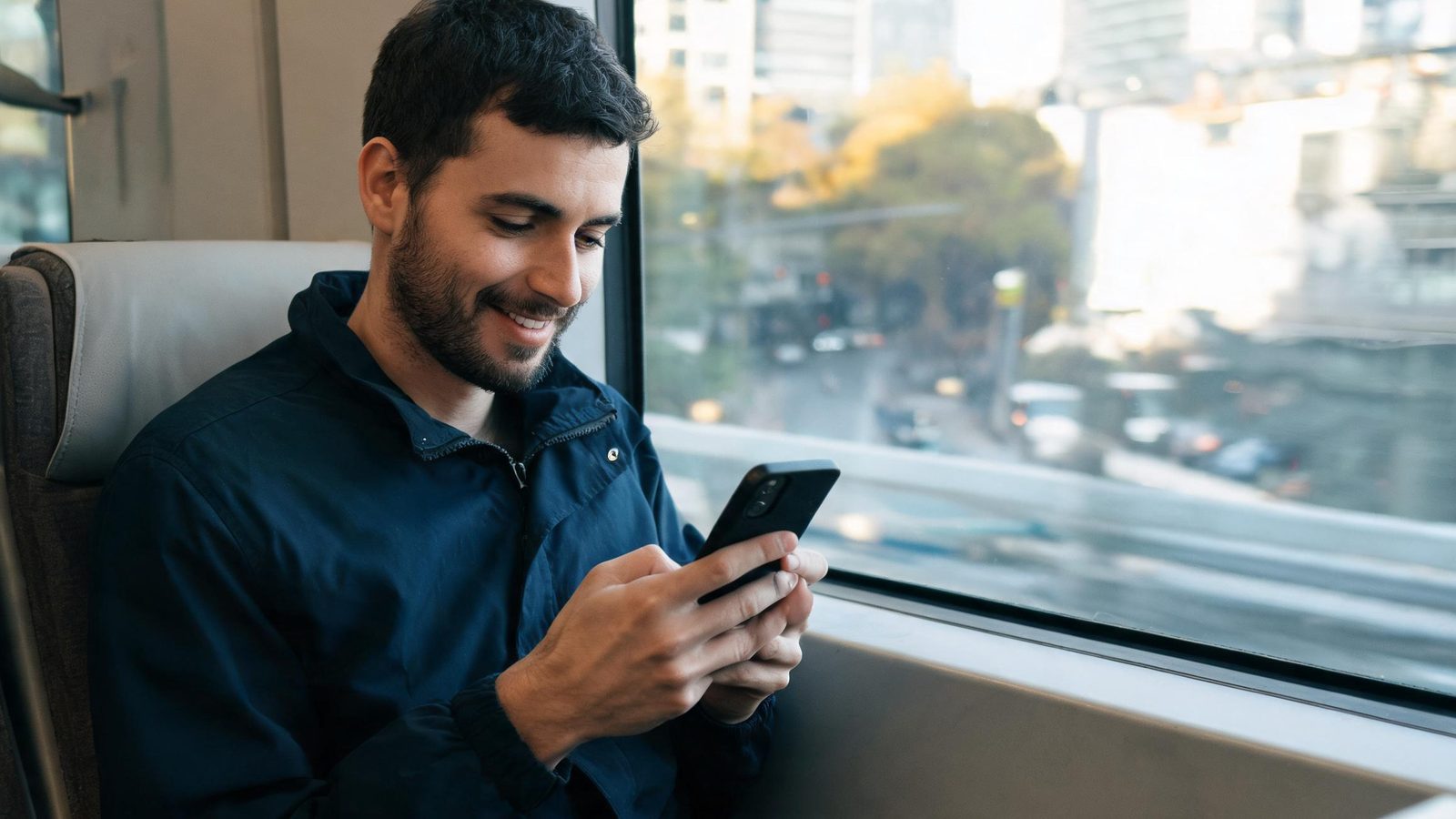 A father smiles at his phone on the train