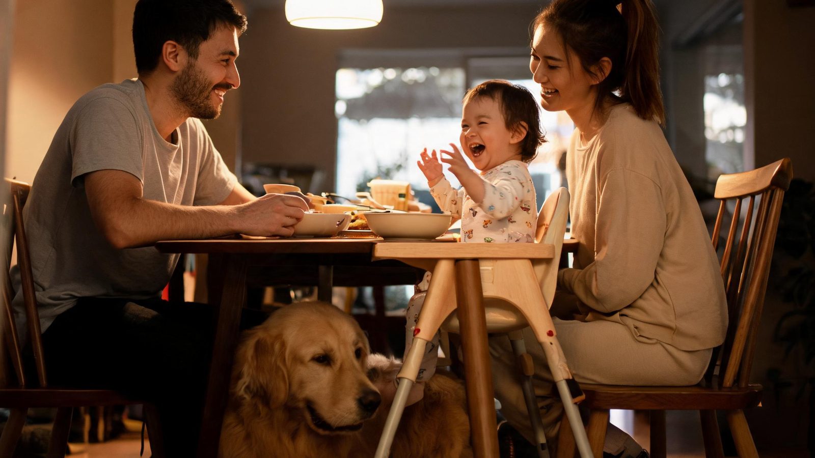 A young family laughing at the dinner table