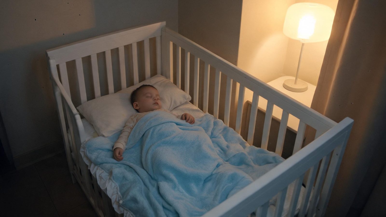 A baby asleep in a crib at night, in color