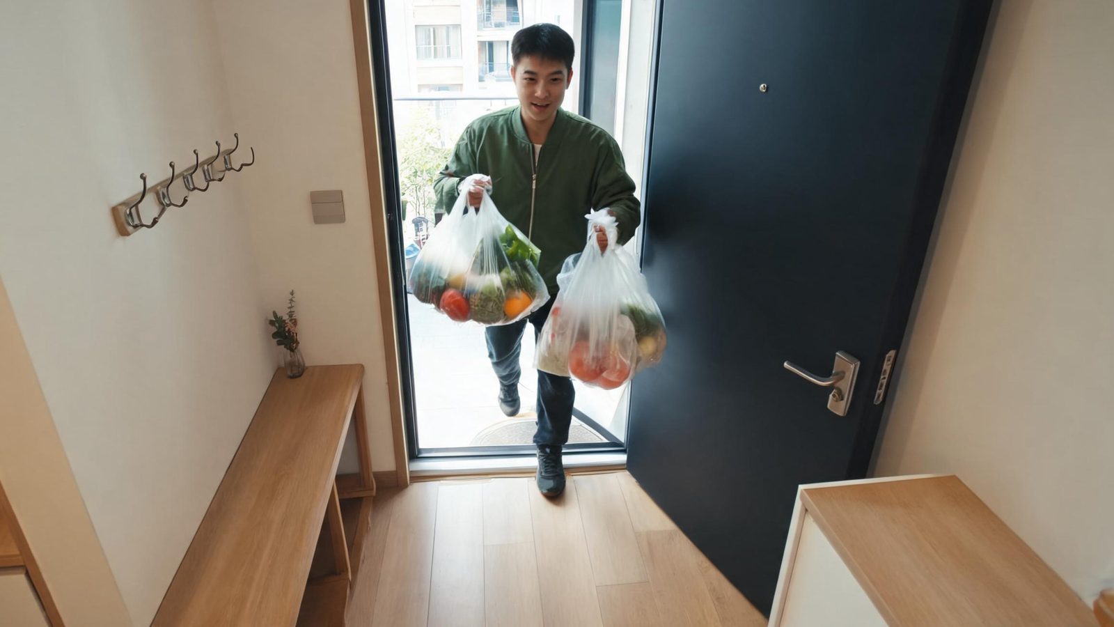 A man walks in the front door with grocery bags