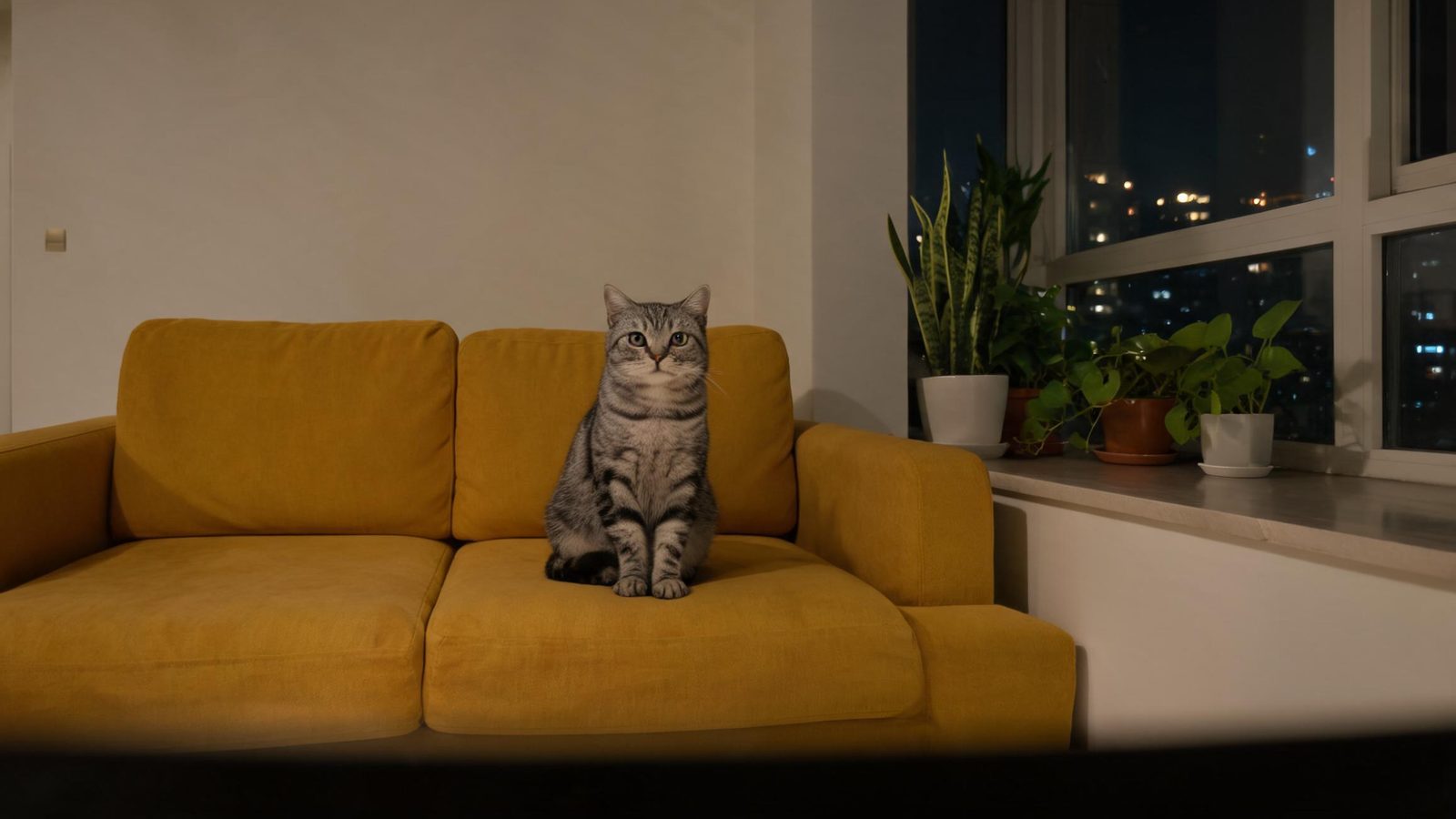 A cat on a yellow sofa at night, in color