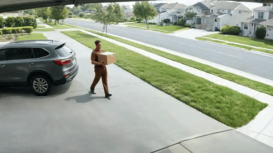 The camera's view of a delivery driver walking up the driveway