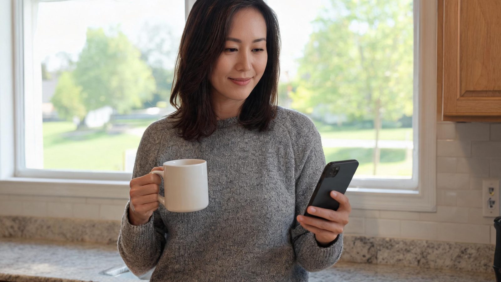 A woman checks her phone in the kitchen in the morning