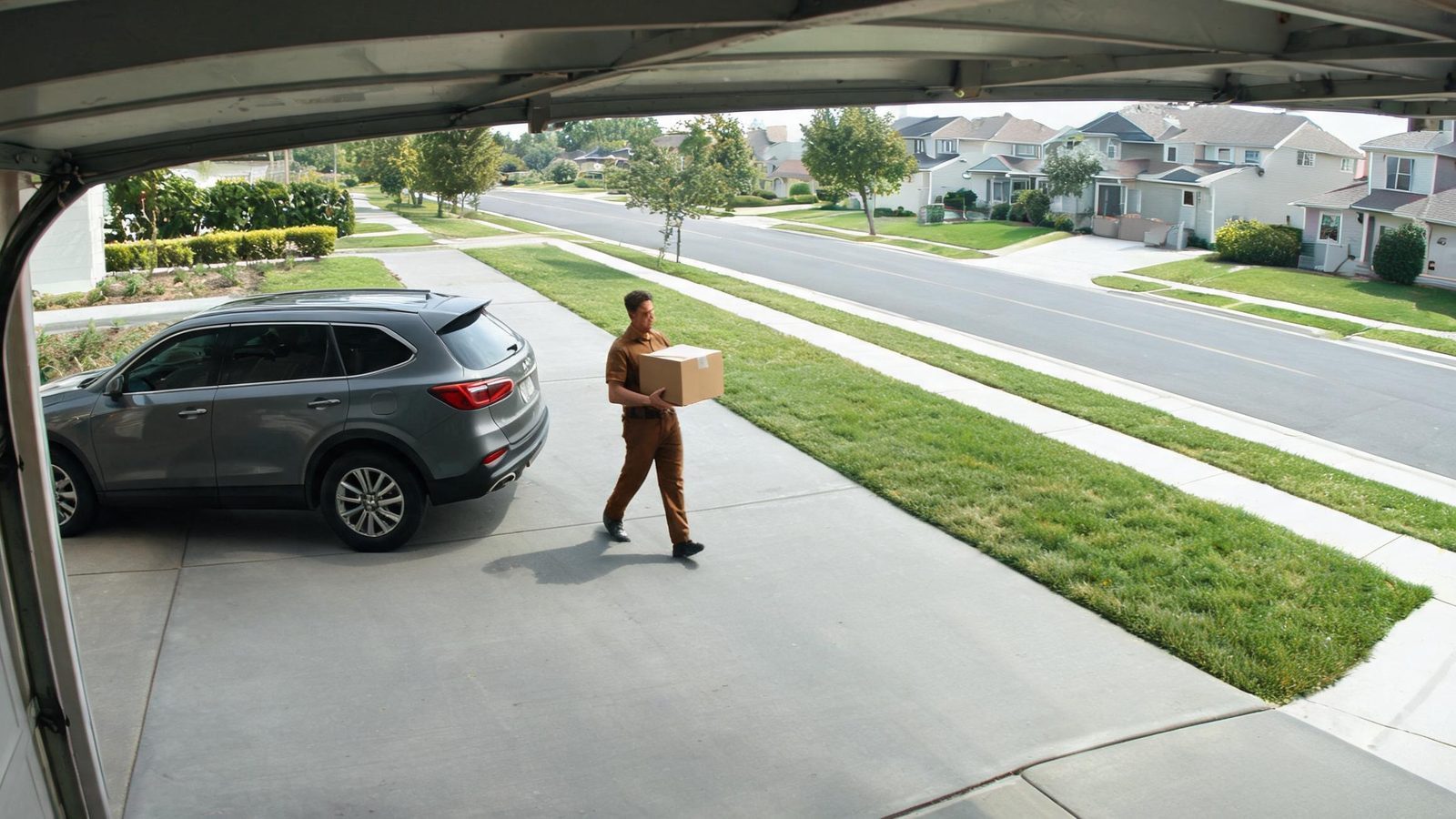 The camera's view of a delivery driver on the driveway