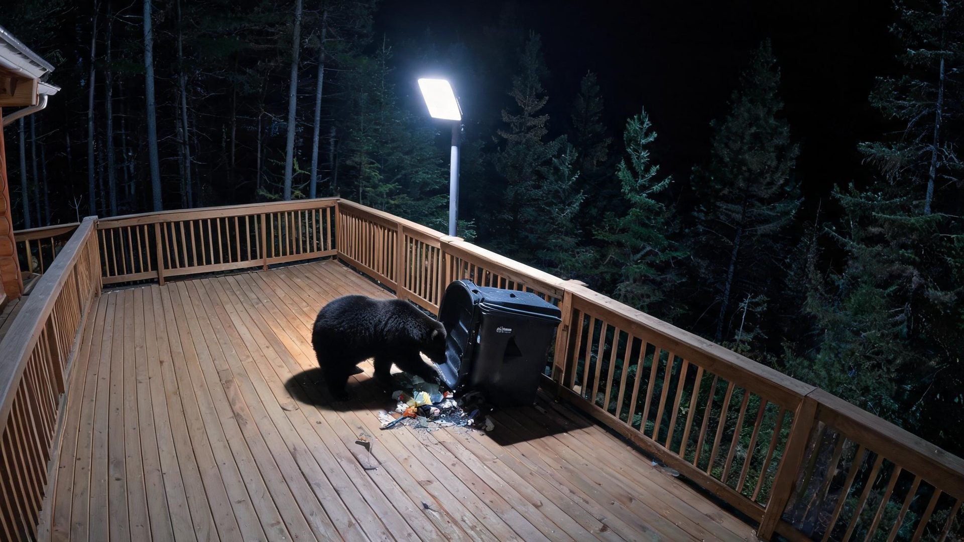 A bear tipping a bin on the cabin deck at night