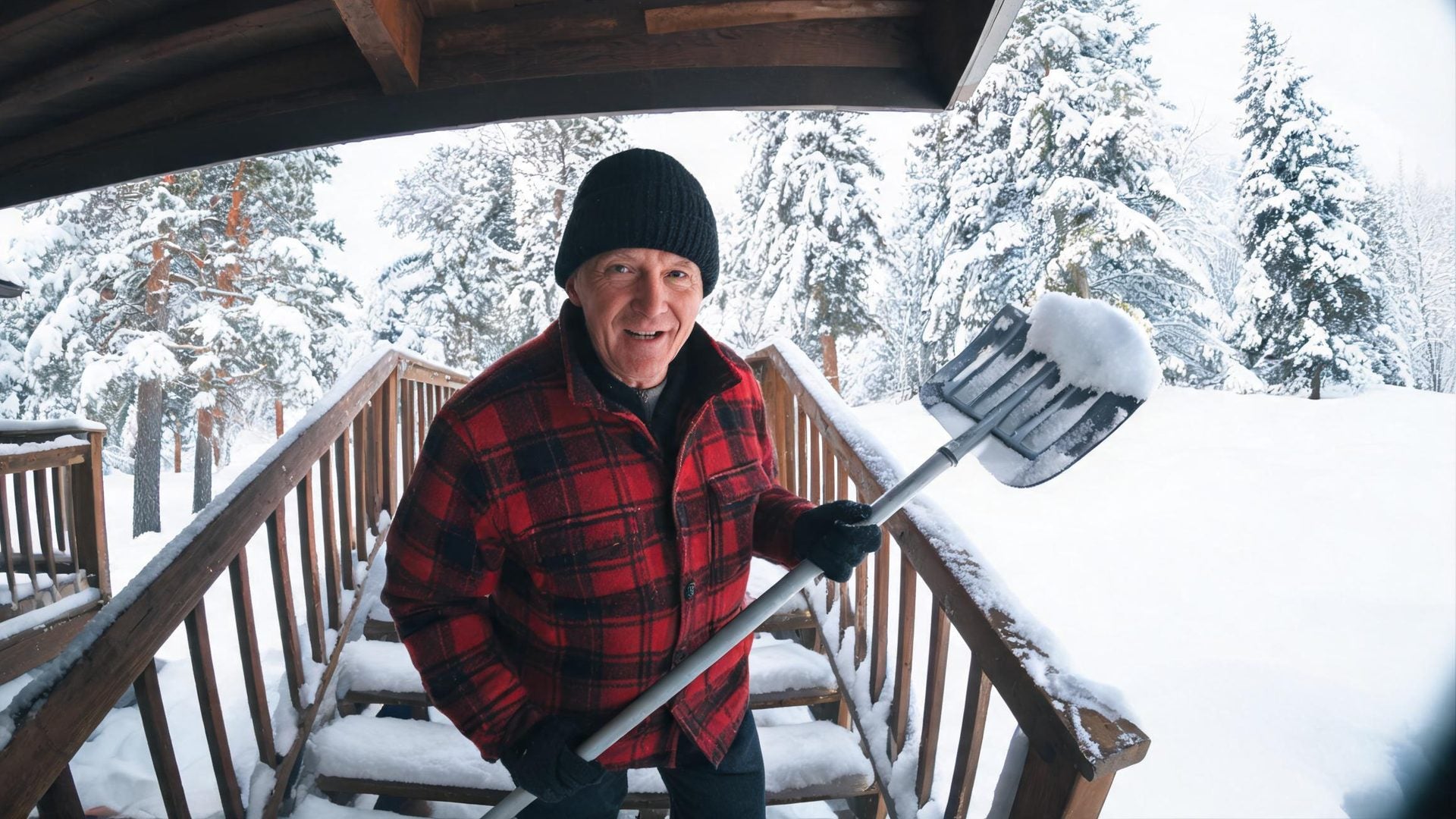 A man with a snow shovel on snowy cabin steps looks up and talks