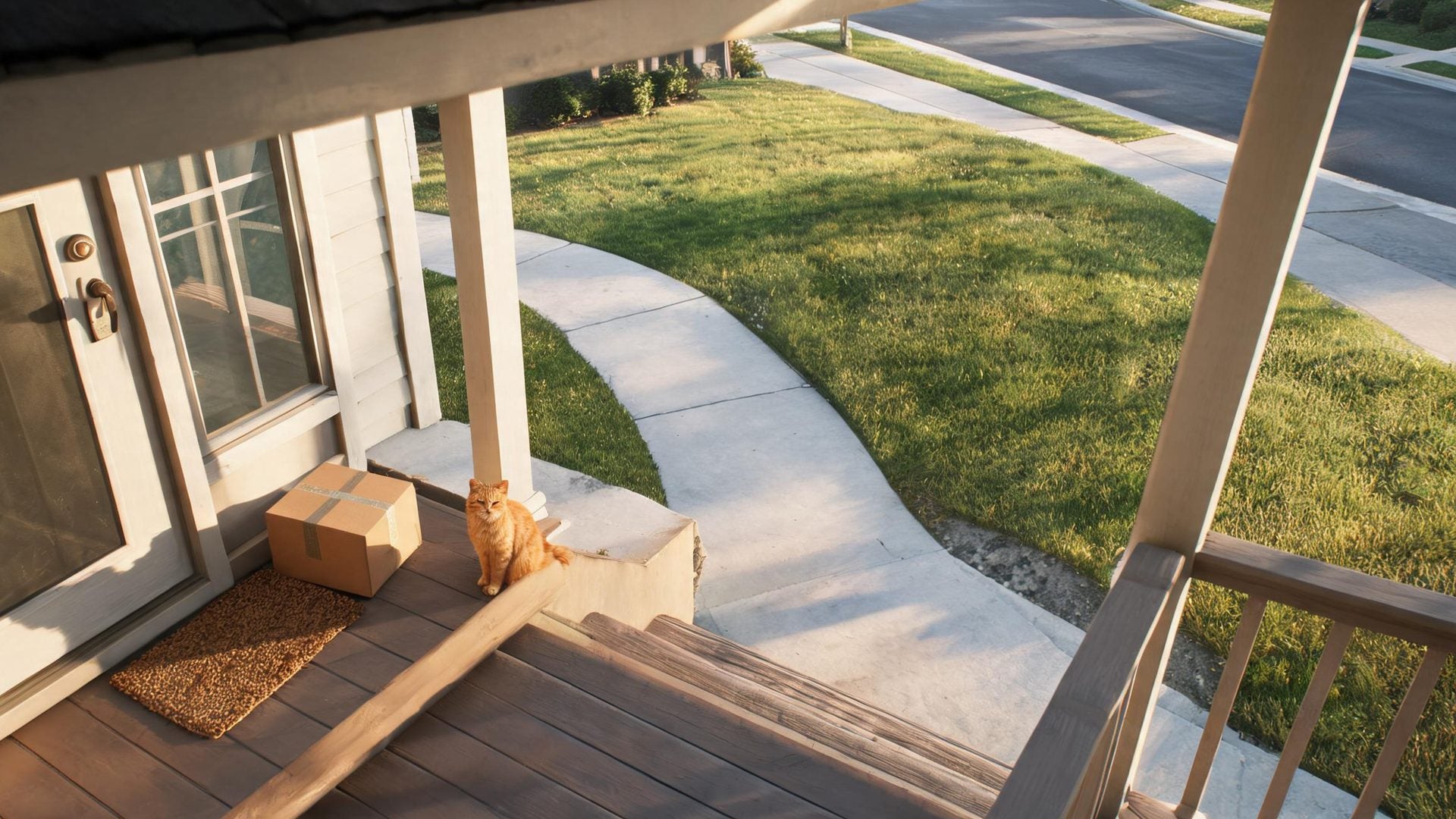 A ginger cat sits on the porch steps next to a parcel