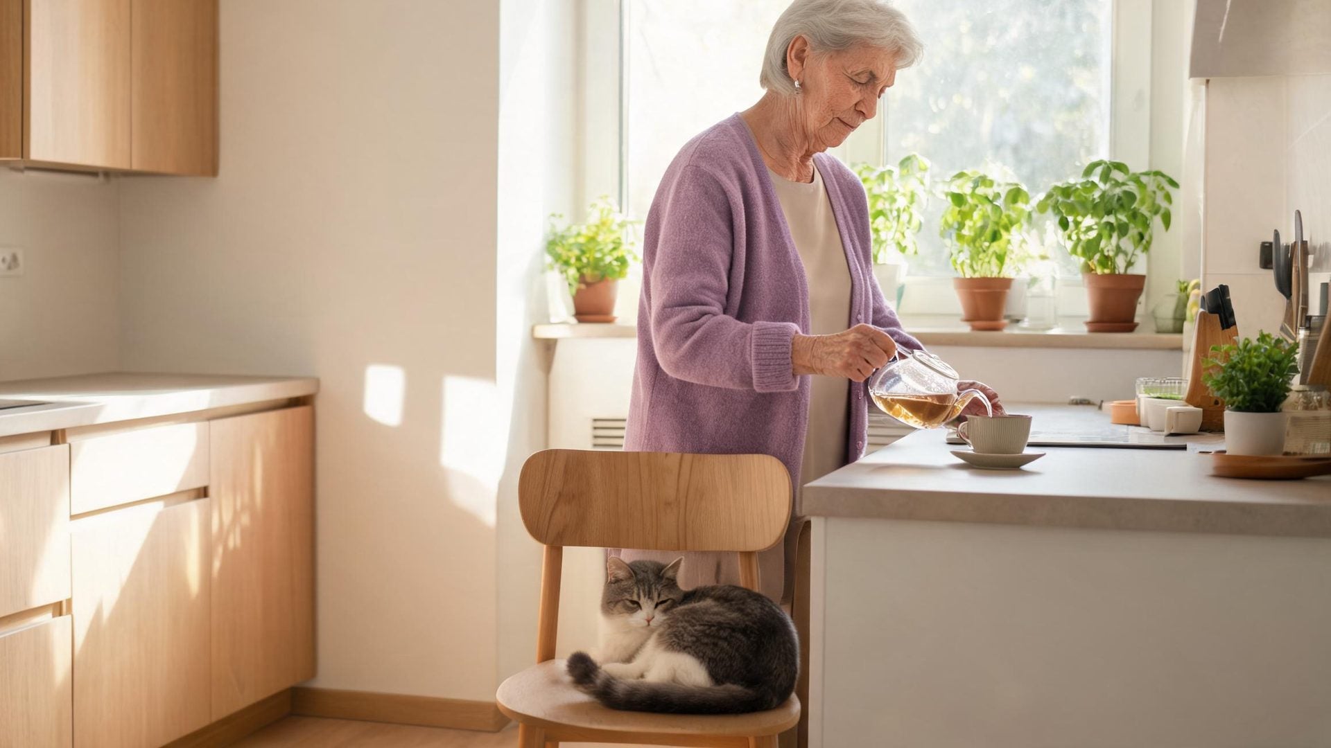 An older woman in a lavender cardigan pours tea in her sunny kitchen
