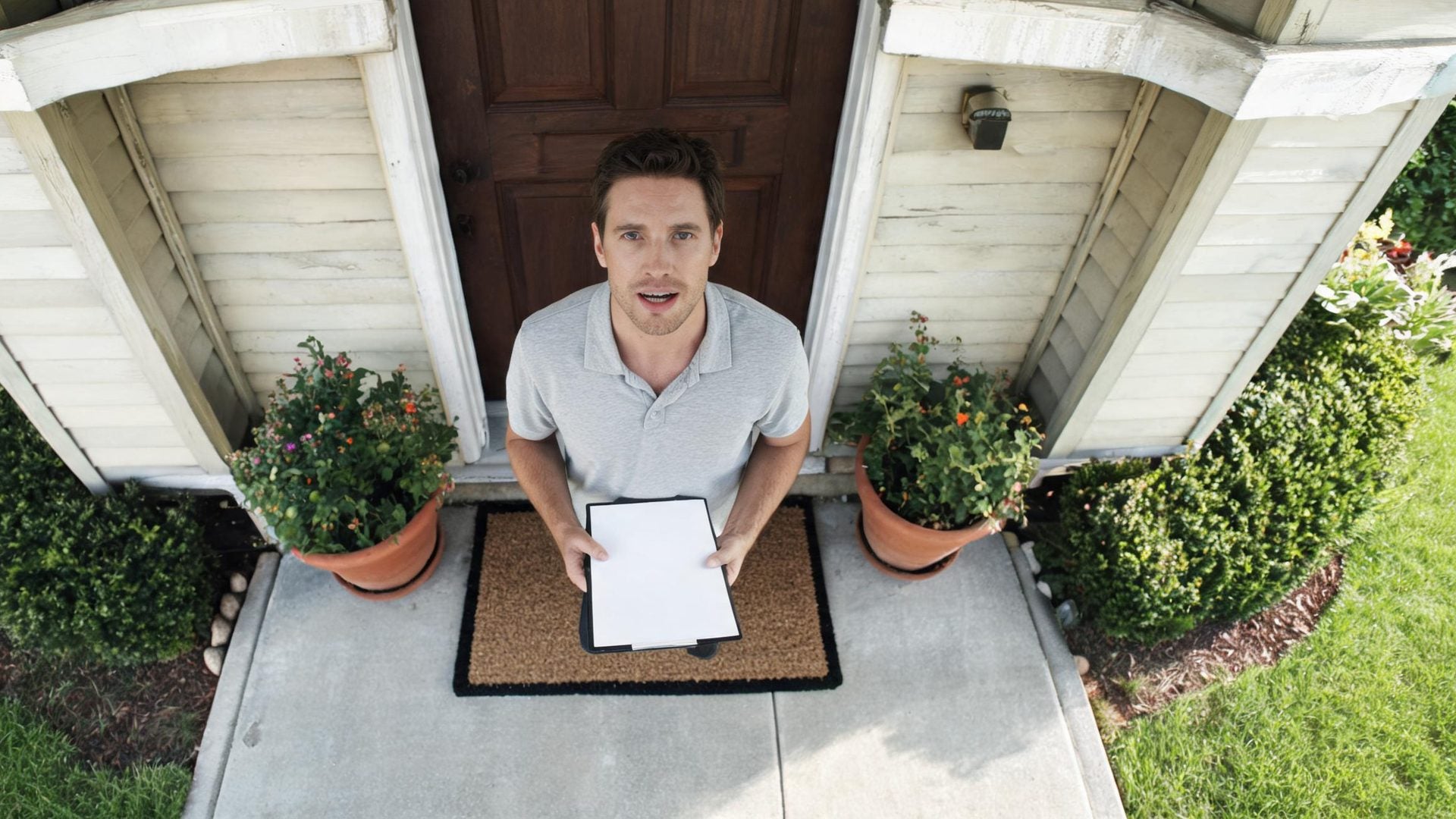 A man with a clipboard at a front door looks up at the camera