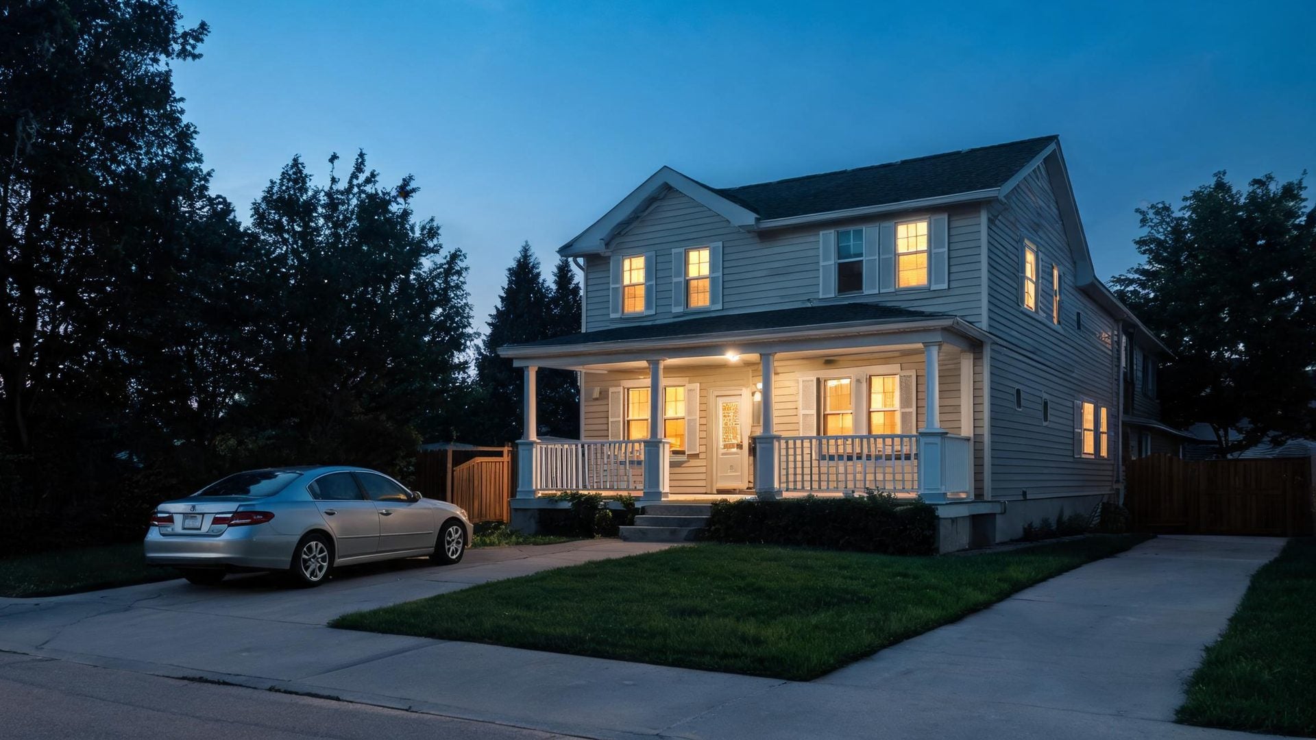 A two-story house with a lit porch at dusk
