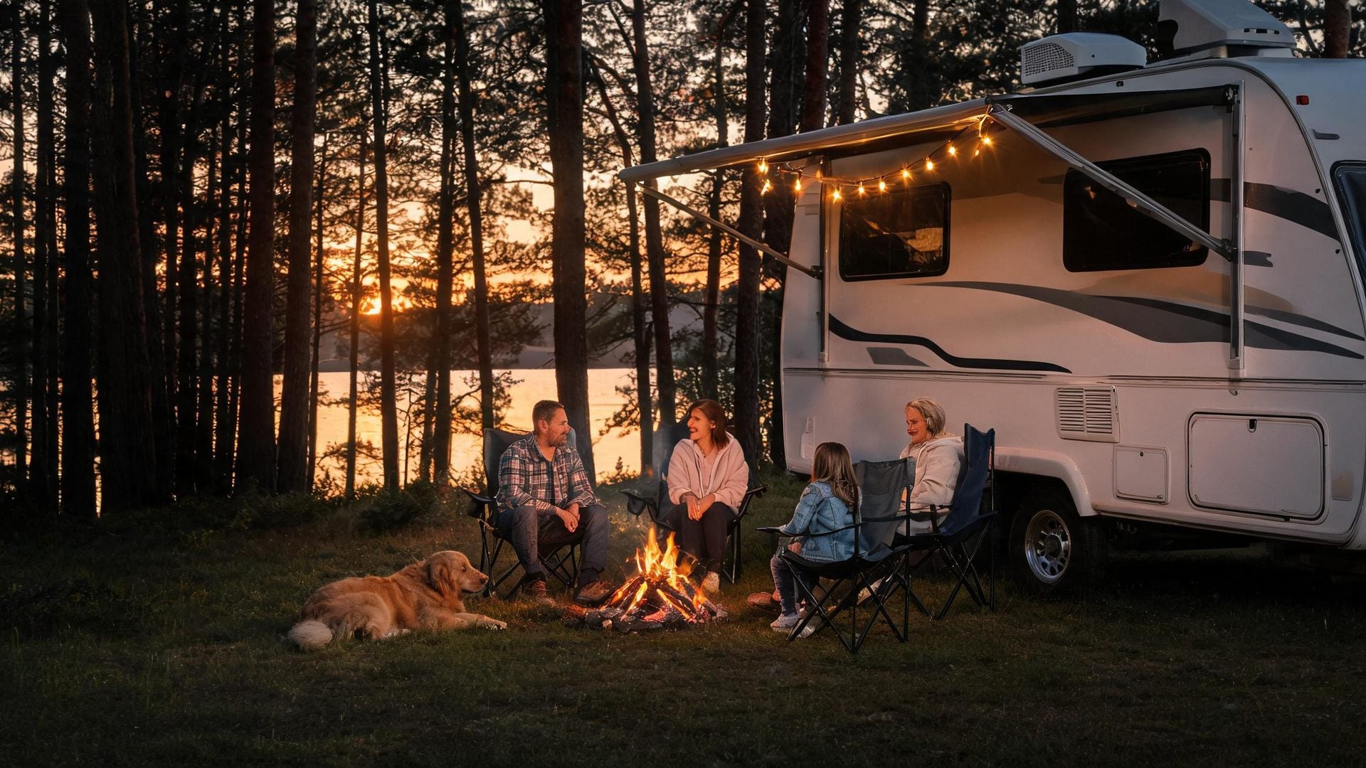 A family by a campfire next to a travel trailer at sunset