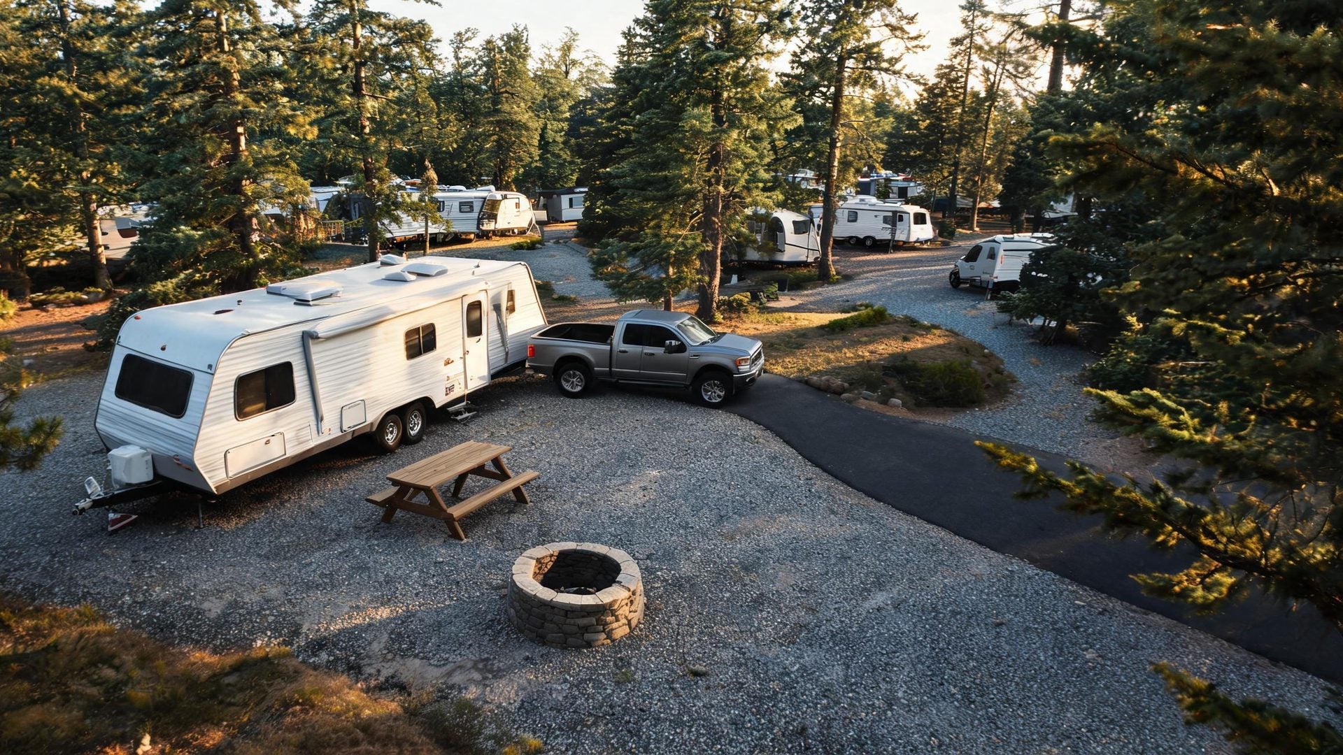 A pickup pulling in beside a travel trailer