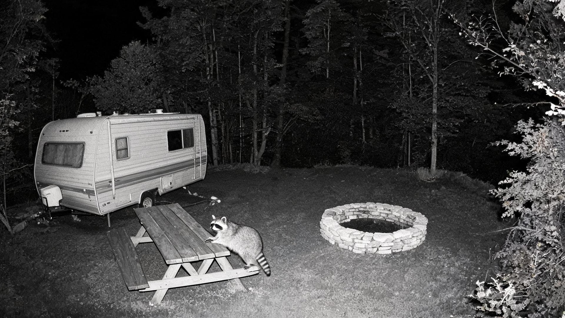 Infrared view of a raccoon on a picnic table at a campsite