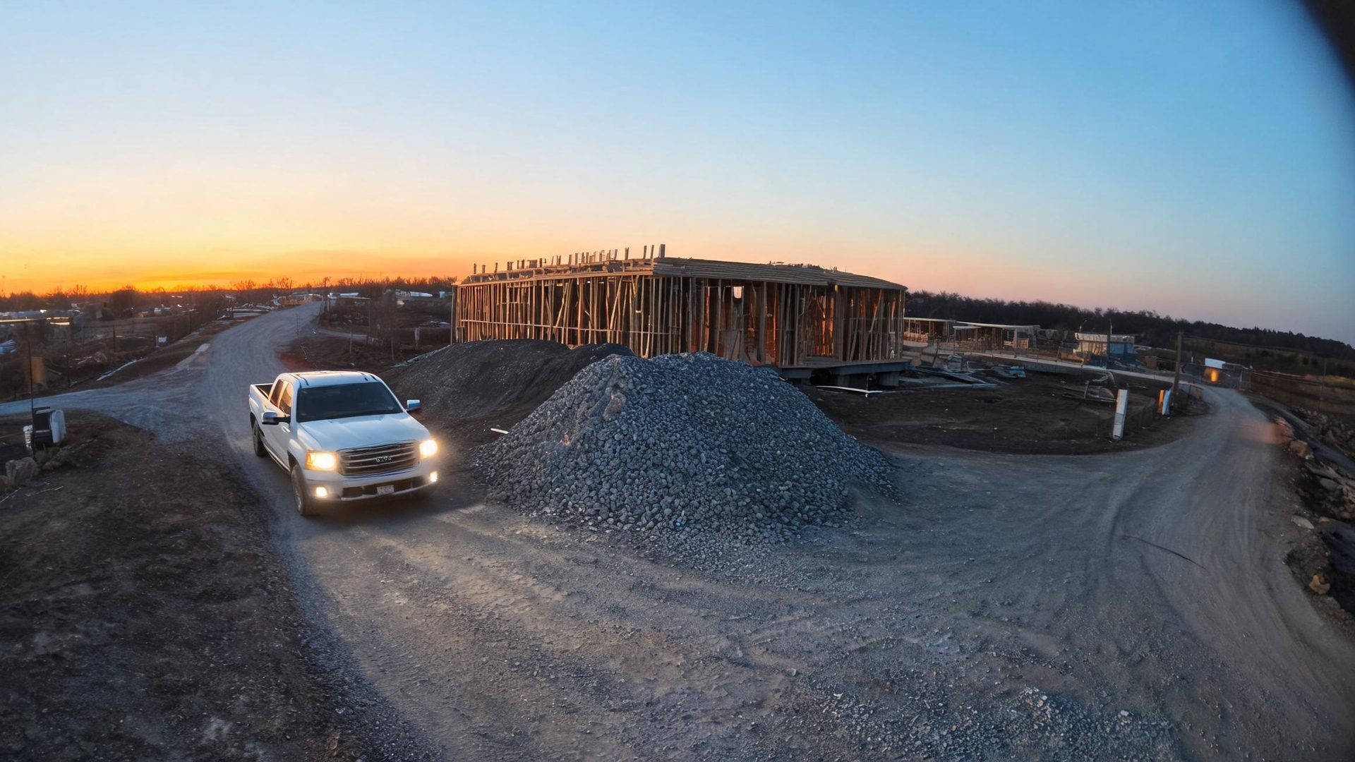 A pickup arriving on site at dawn