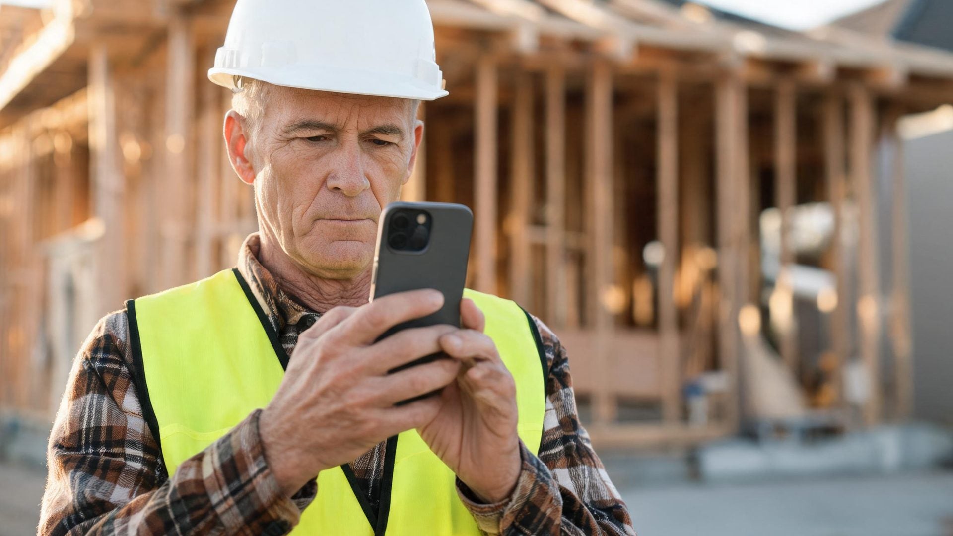 A foreman checks his phone on a building site