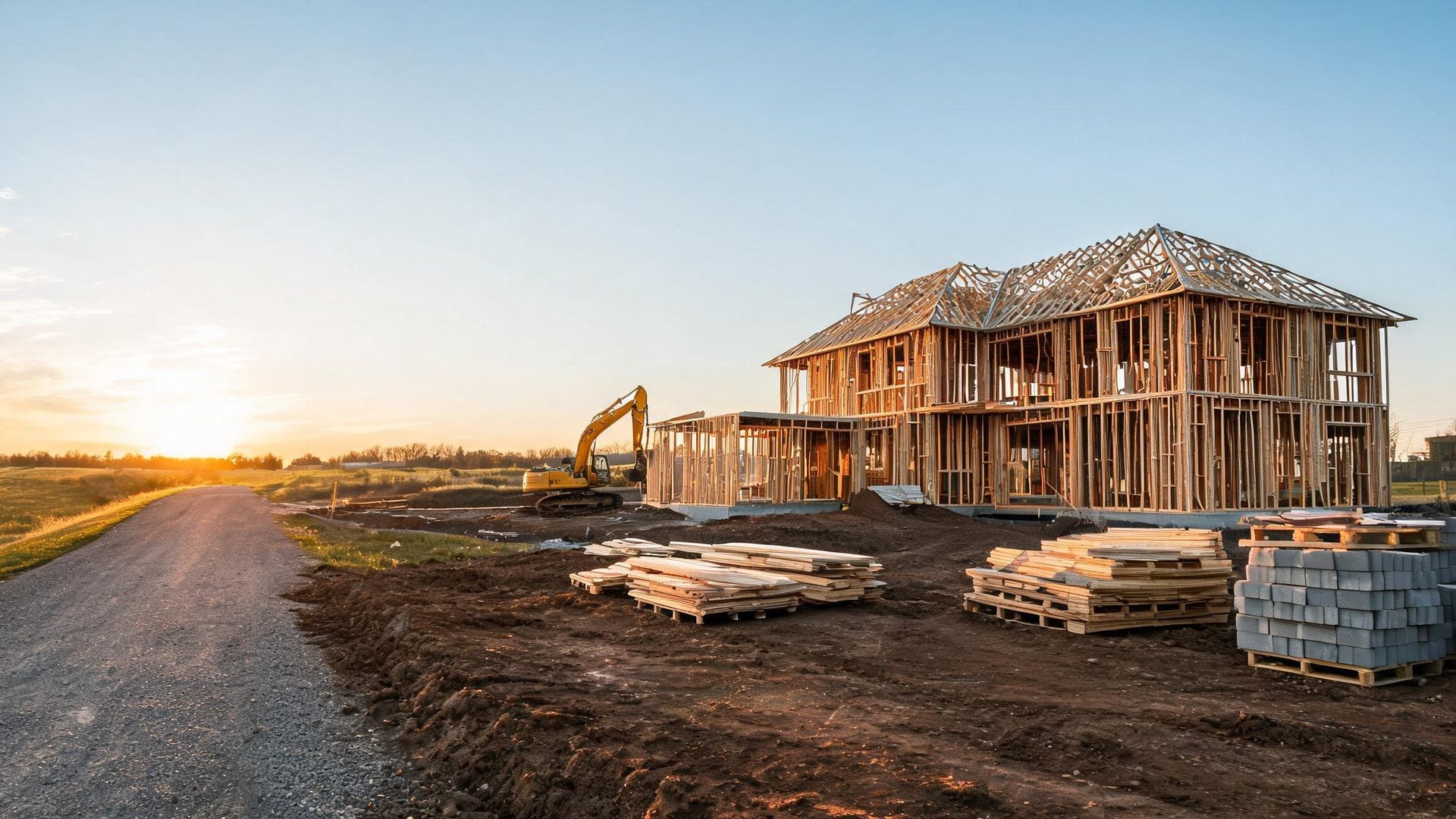 A timber-framed house going up on a bare lot at sunrise