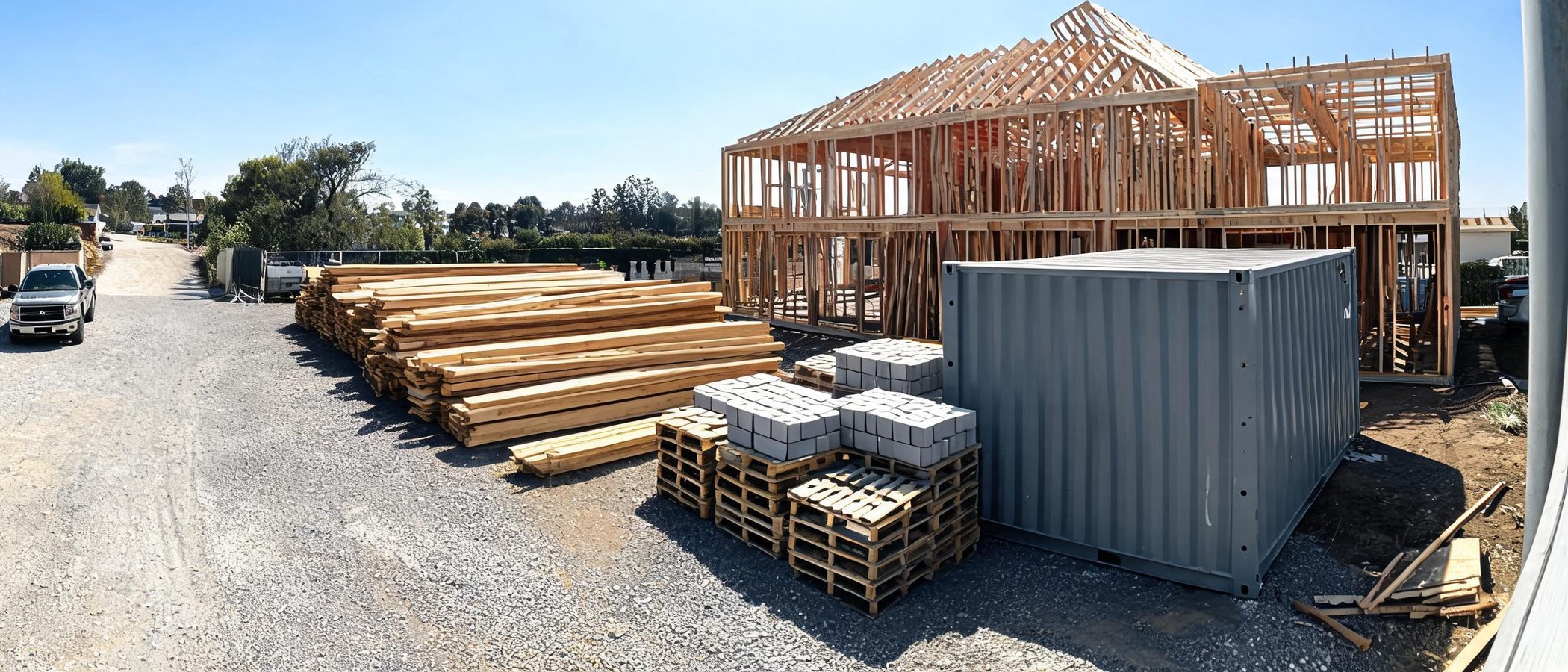 A wide view across a residential construction site