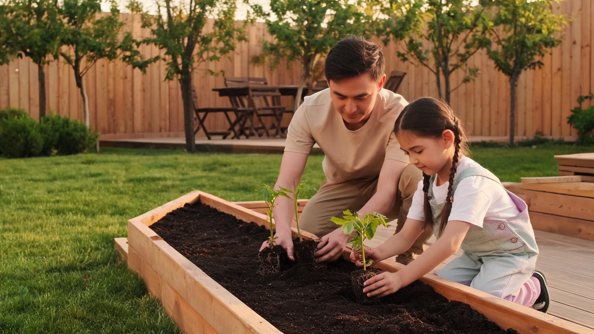 A father and daughter plant tomato seedlings in a raised bed at golden hour