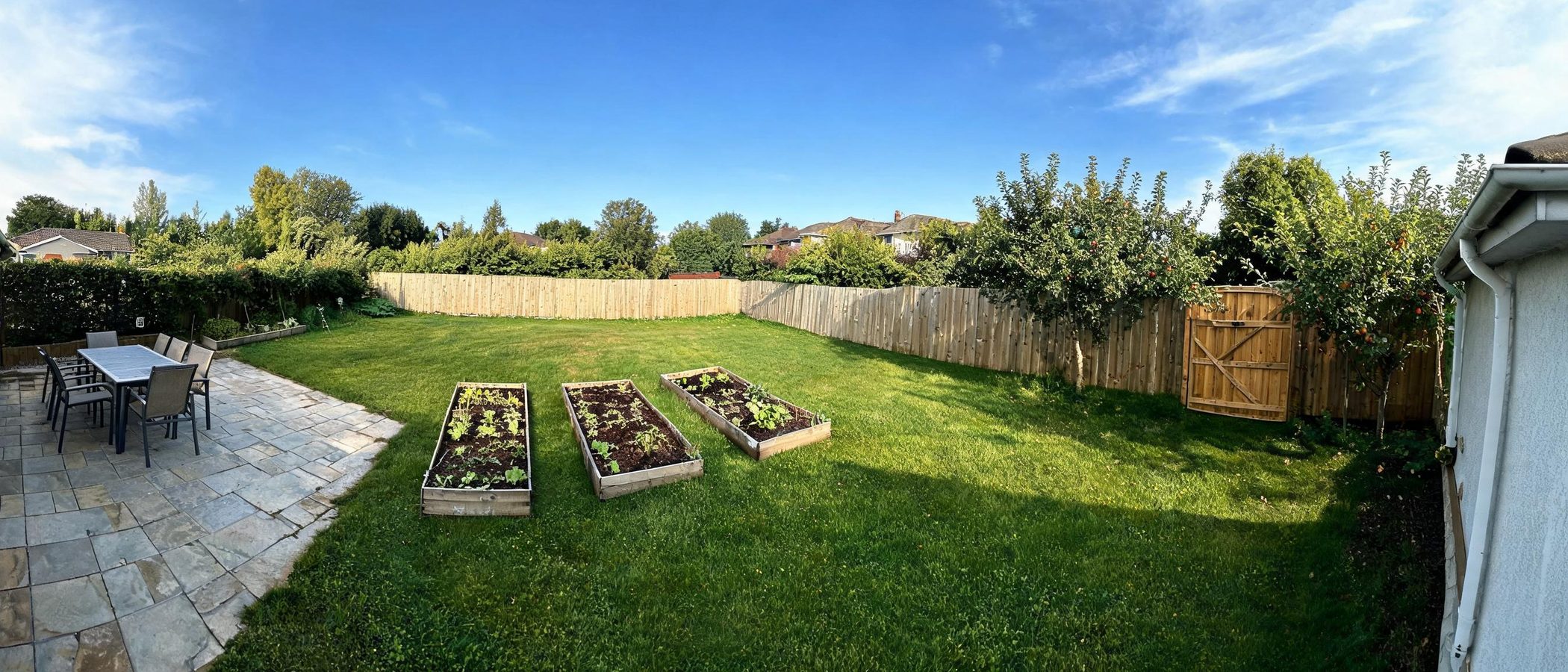 A wide view across a backyard with a patio, raised beds and a side gate