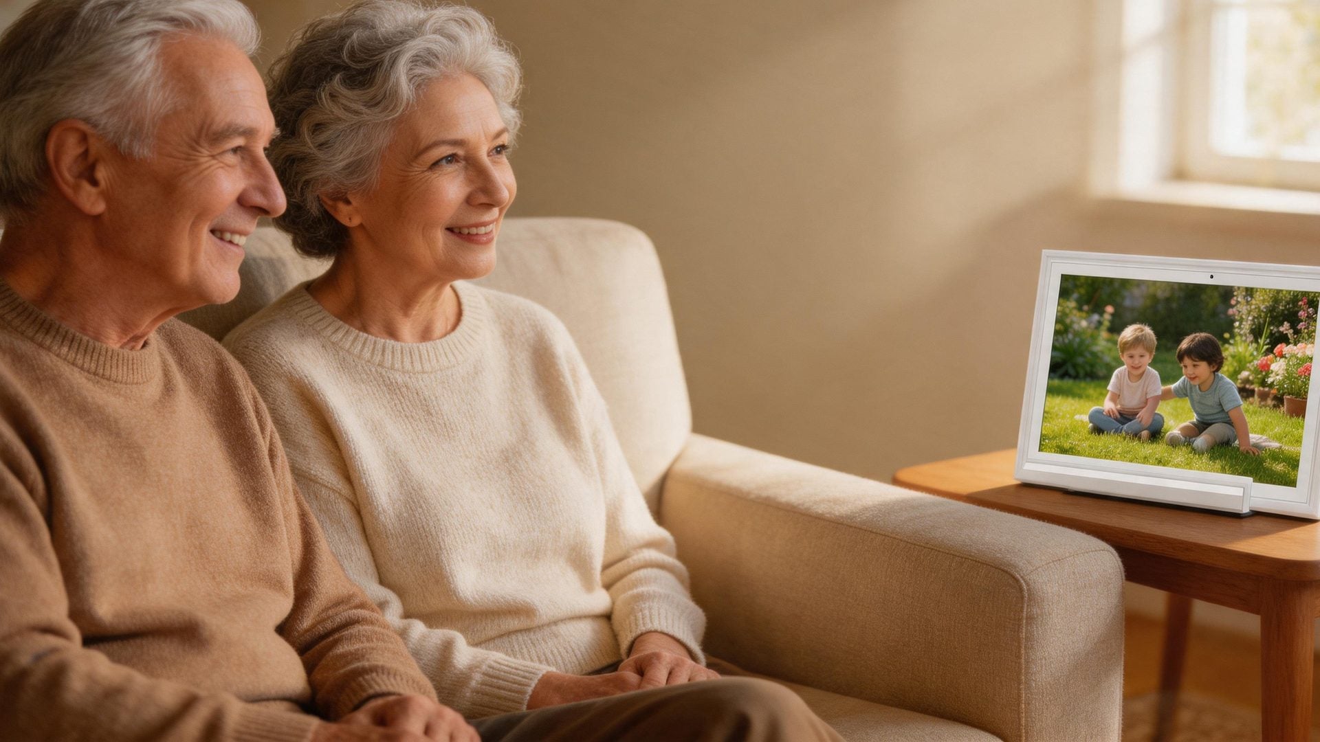 Grandparents smile at a photo of their grandchildren on the frame