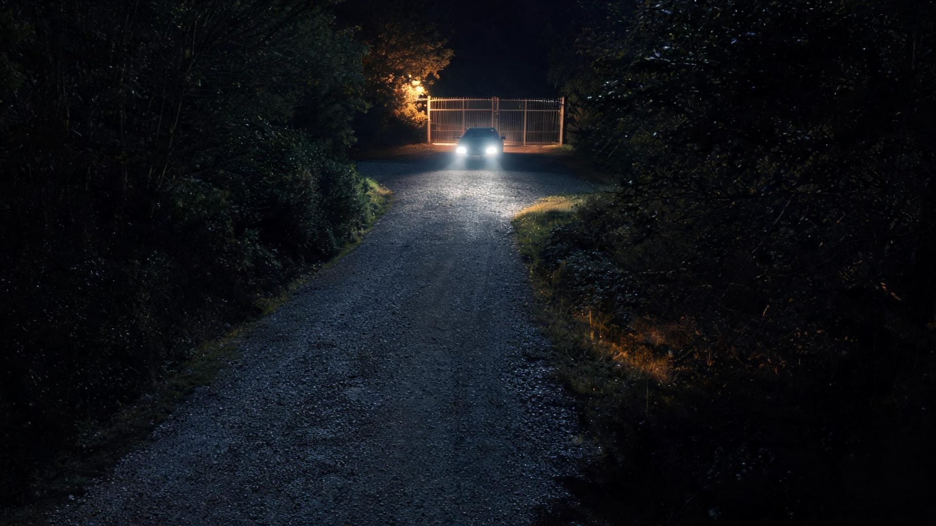 Night camera view of a driveway with a car stopped at the gate, marked as an alert