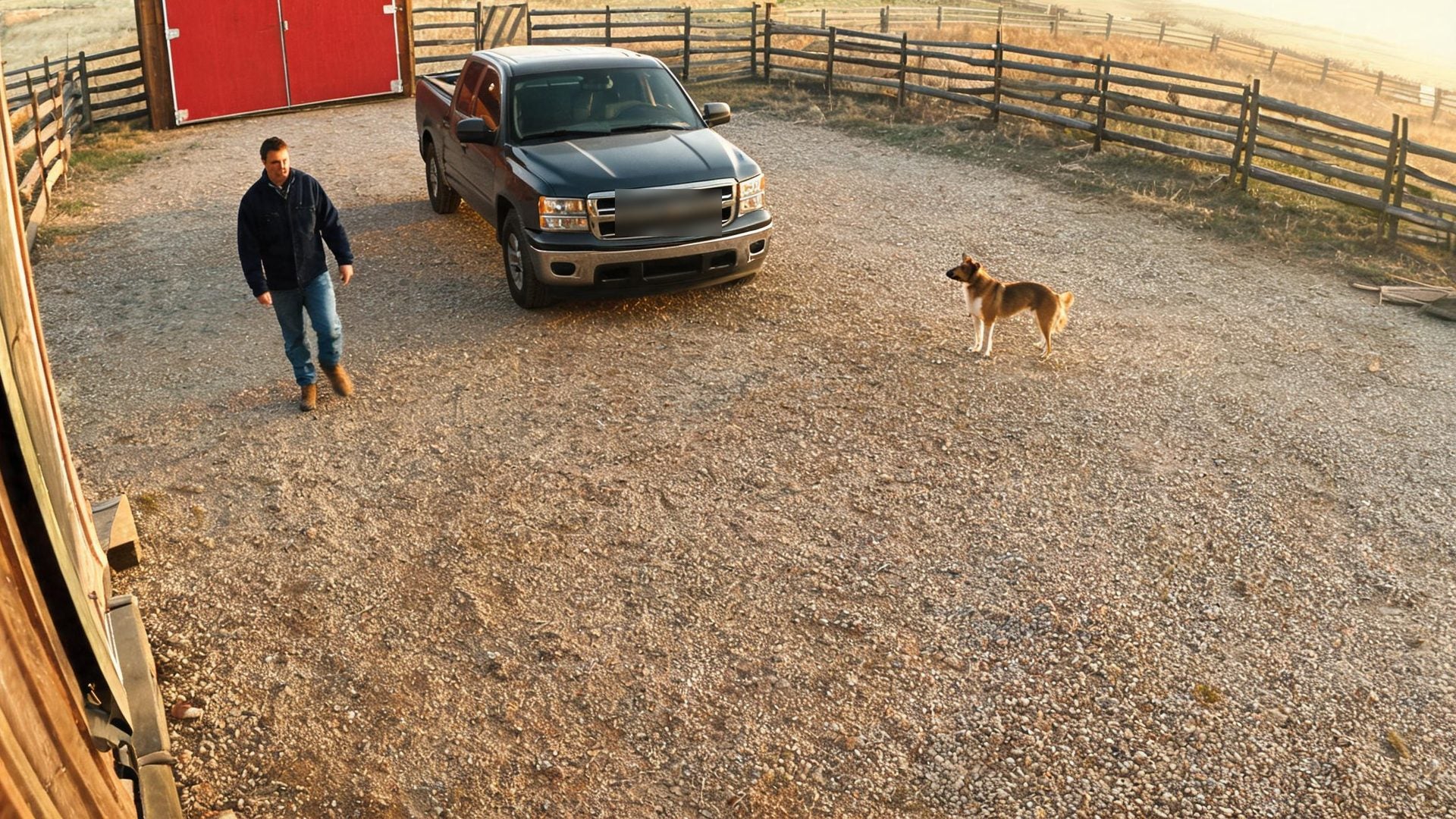 Camera view of a farmyard: a man, a pickup truck and a dog, each outlined and labeled