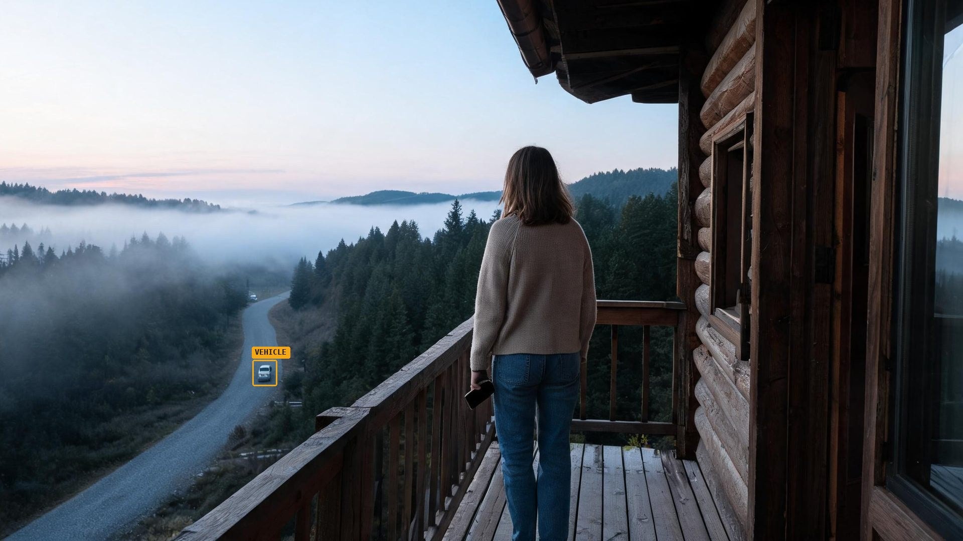 A woman on a cabin porch at dawn looks over the valley and the road