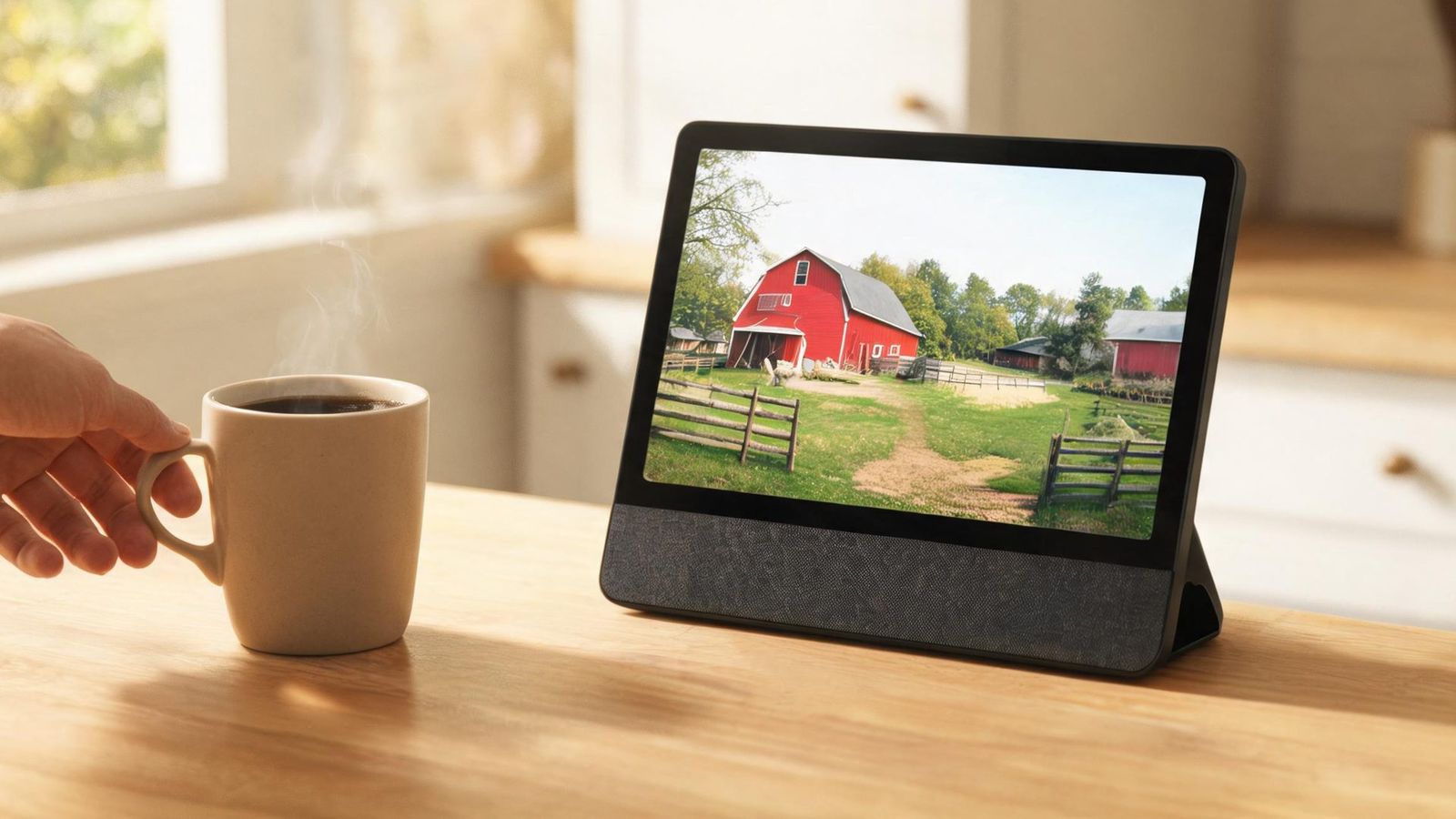 A smart display on a kitchen counter shows the farmyard