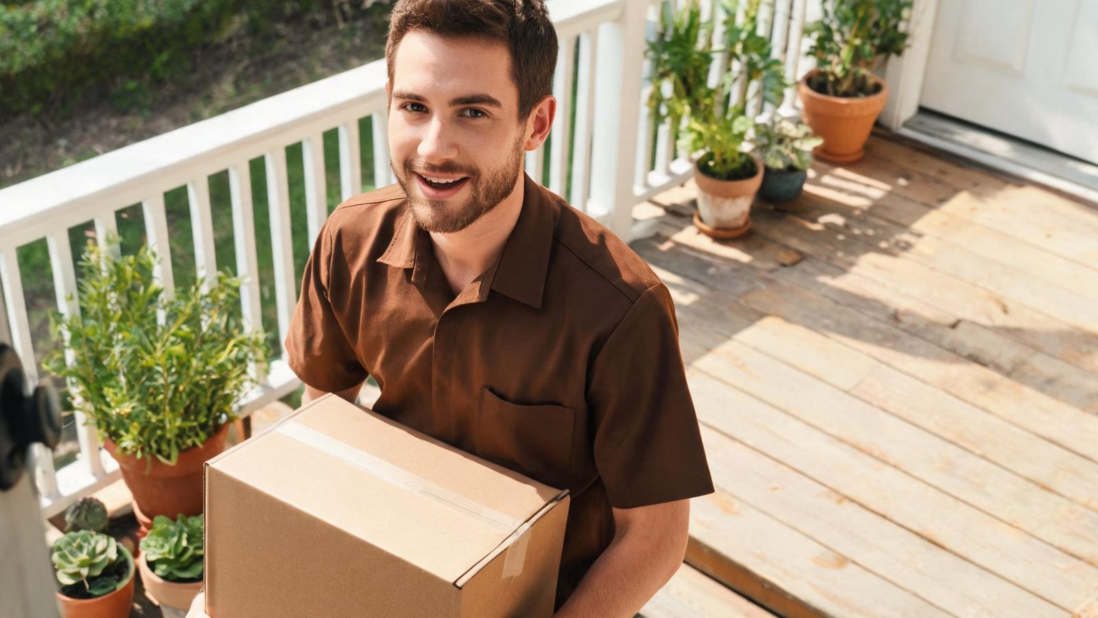A delivery driver answers a voice from the camera