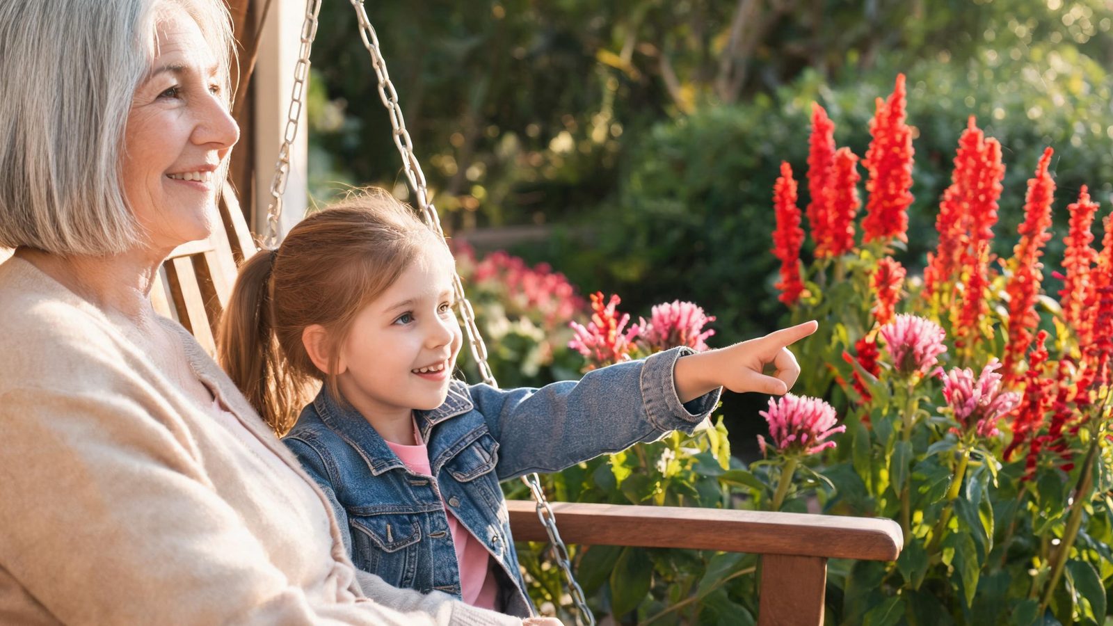 A grandmother and granddaughter watch the garden from a porch swing