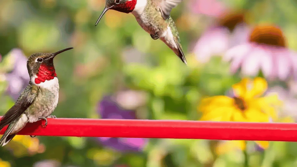 Two ruby-throated hummingbirds at the feeder perch