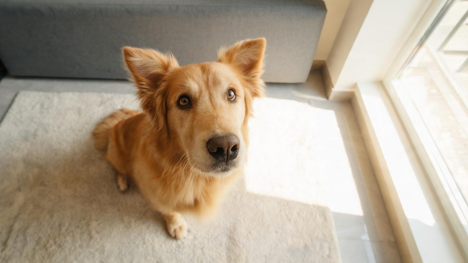 A dog looks up at the camera