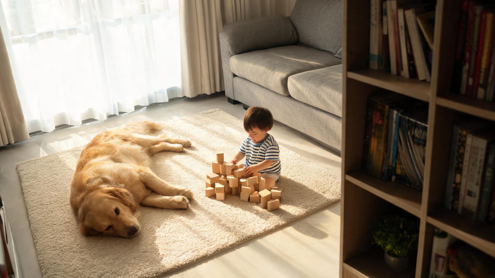 A toddler and a golden retriever on the living room rug