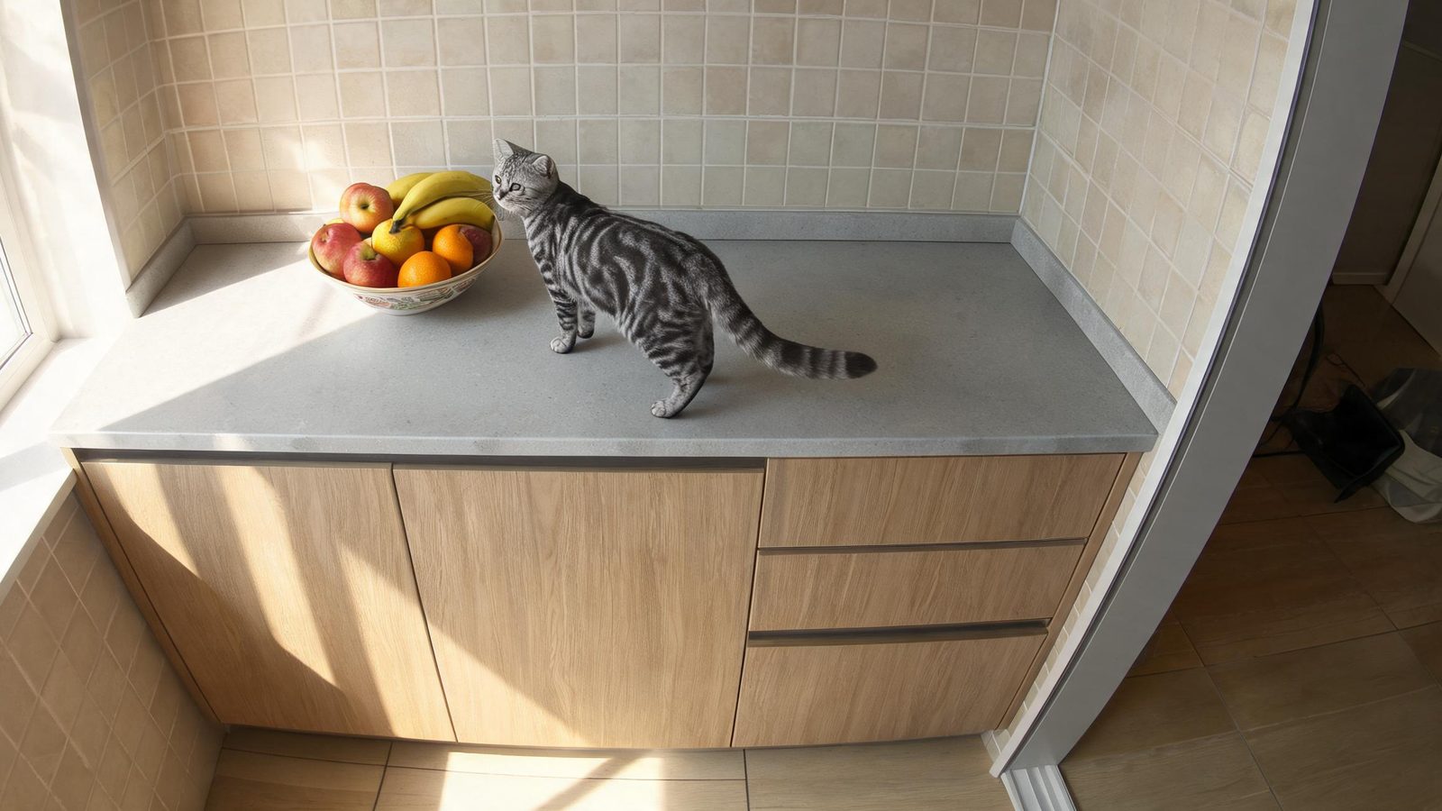 A cat on the kitchen counter