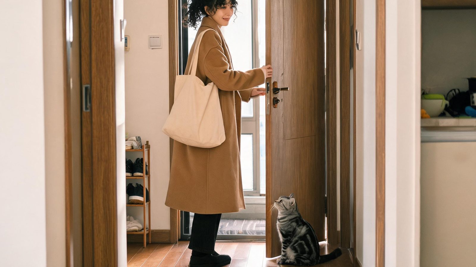 A woman leaves her apartment while her cat watches