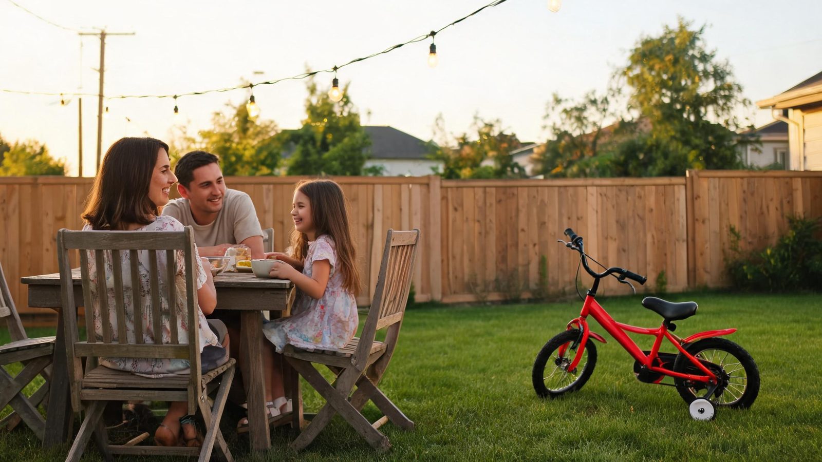 A family at a patio table in the backyard
