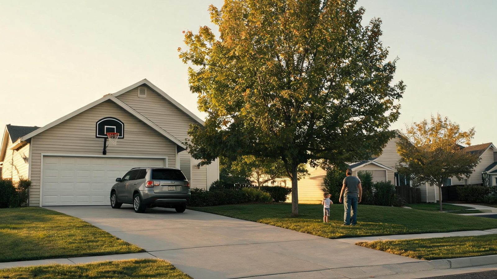 A driveway and garage in the late afternoon