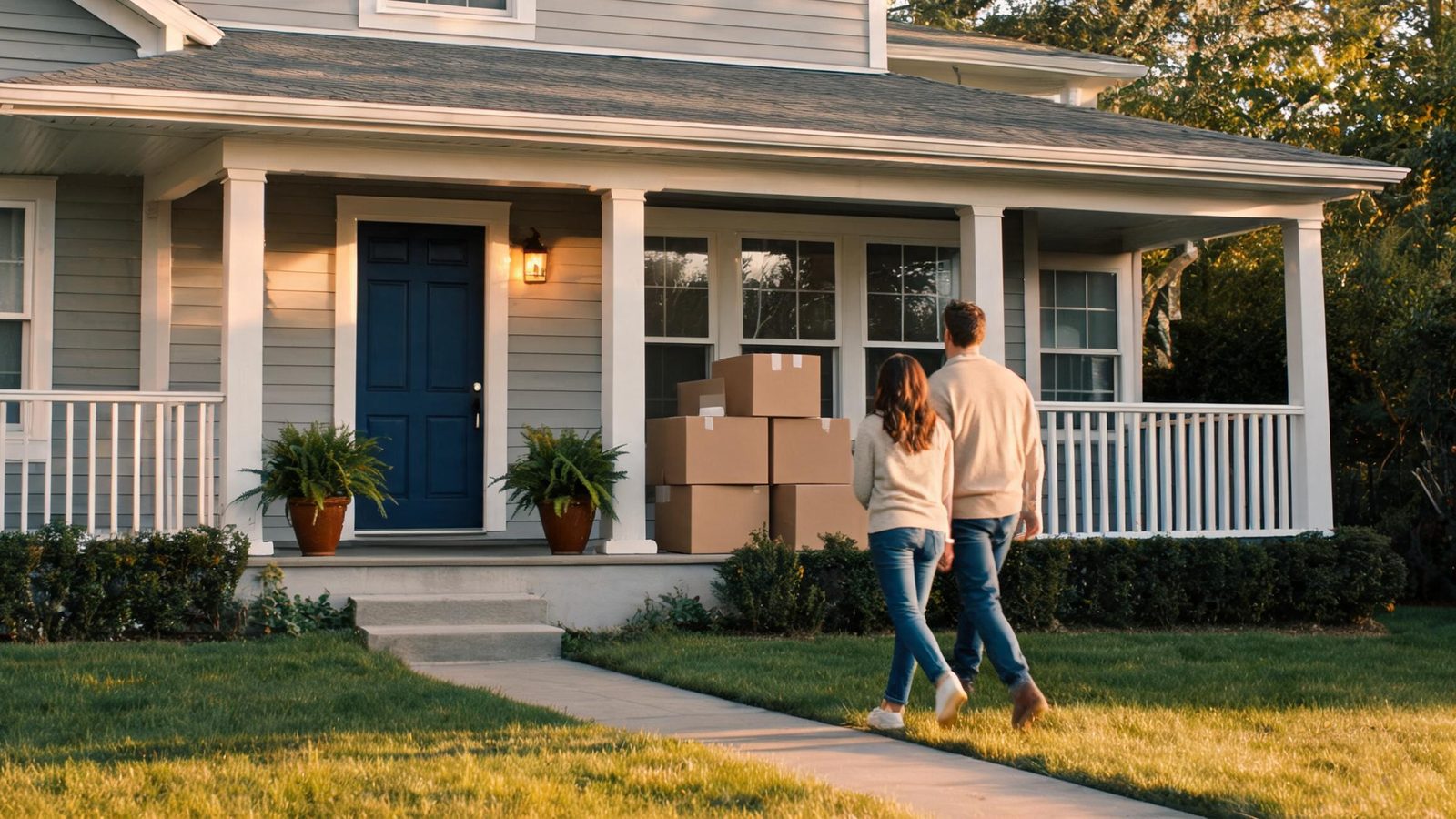 A suburban house with a porch at golden hour