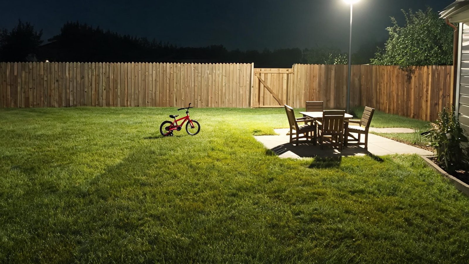 Color night view of a backyard lit by the spotlight