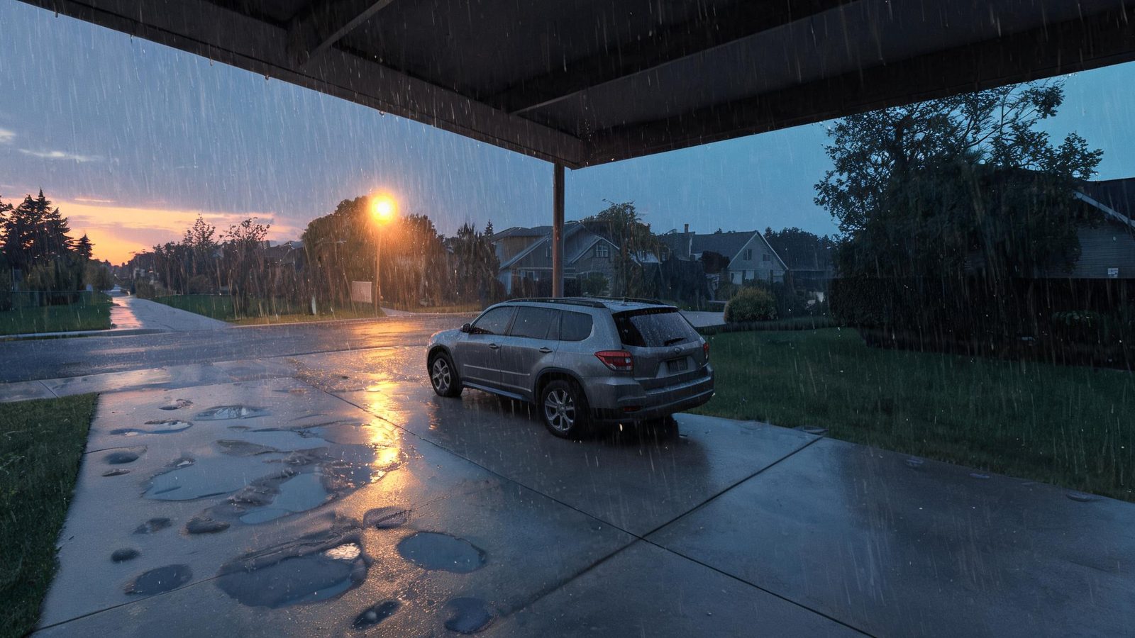 The camera's view of a driveway in heavy rain