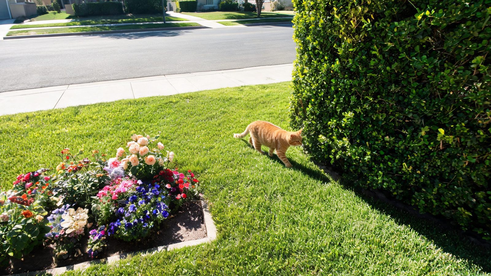 The camera's view of a cat crossing the front lawn